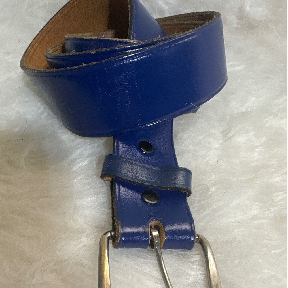 Vintage Belt Womens 36 Blue Leather Snap On Silver Buckle Classic Western Boho